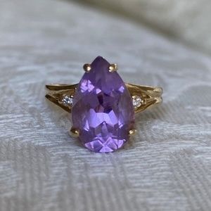 Bogarz I BZ I 14K Gold Pear-Shaped Amethyst Ring + Diamond Accents I February